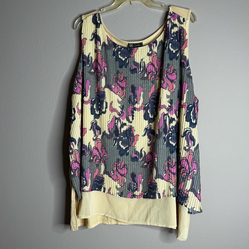 DG2 Diane Gilman Purple Tan Pleated Paisley Print Sleeveless Blouse Top Sz 2X